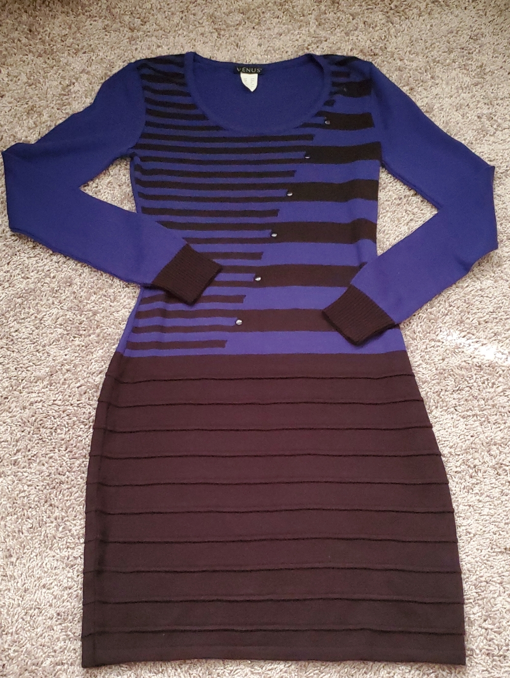 VENUS Blue and Black Striped Long Sleeve Dress